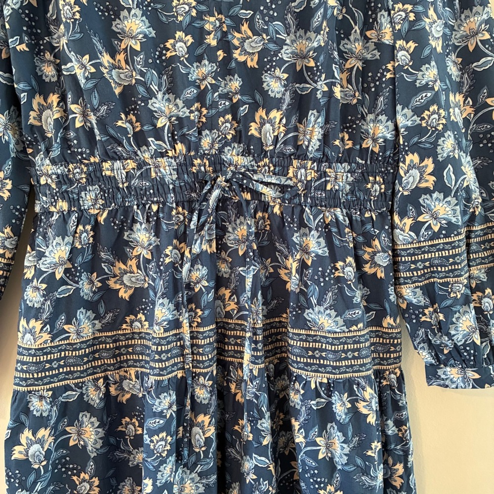 LOFT Dress Wom M Blue Floral Tiered Maxi VNeck Long Sleeve Smocked Waist Cottage - Picture 3 of 11